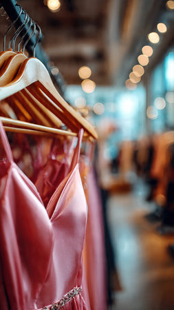 Elegant dresses hanging on wooden hangers in a boutique.の素材