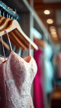 Elegant dresses hanging on wooden hangers in a boutique.の素材