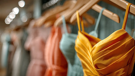 Elegant dresses hanging on wooden hangers in a boutique.の素材