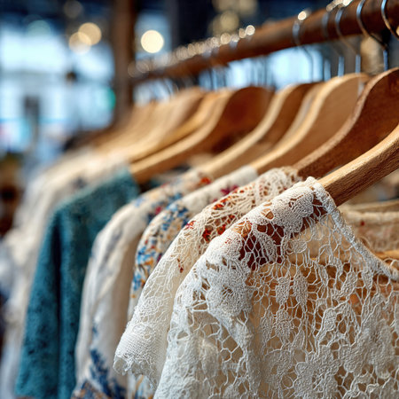 Elegant dresses hanging on wooden hangers in a boutique.の素材