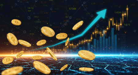 Abstract scene with flying Bitcoin coins and graphs showing the growth of cryptocurrencies.の素材