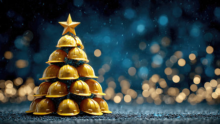 Christmas Tree Made of Yellow Construction Helmets in Snowy Festive Lights.の素材