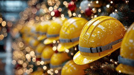 Christmas Tree Made of Yellow Construction Helmets in Snowy Festive Lights.の素材