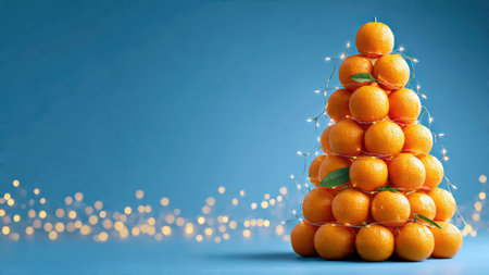 Christmas tree made of stacked oranges with starfruit topper.の素材