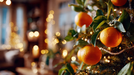 Christmas tree made of stacked oranges with starfruit topper.の素材