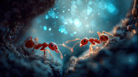 Close-up of two ants communicating in a narrow cave.の素材