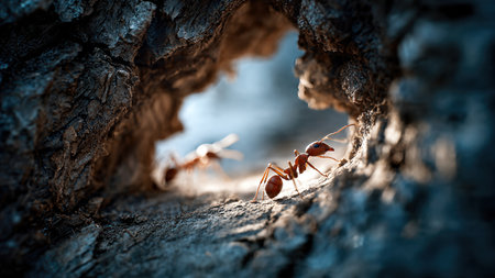 Close-up of two ants communicating in a narrow cave.の素材