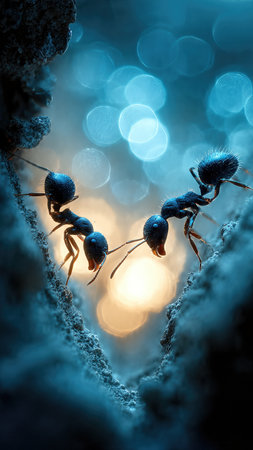 Close-up of two ants communicating in a narrow cave.の素材