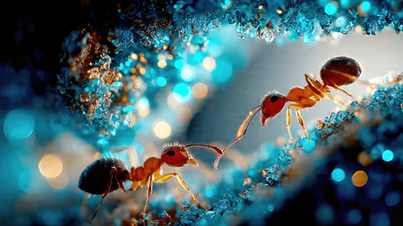 Close-up of two ants communicating in a narrow cave.の素材