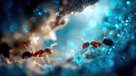 Close-up of two ants communicating in a narrow cave.の素材