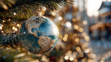 Christmas tree decorated with planets of the solar system close-up.の素材