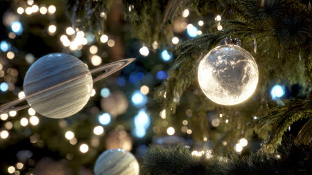 Christmas tree decorated with planets of the solar system close-up.の素材
