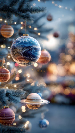 Christmas tree decorated with planets of the solar system close-up.の素材