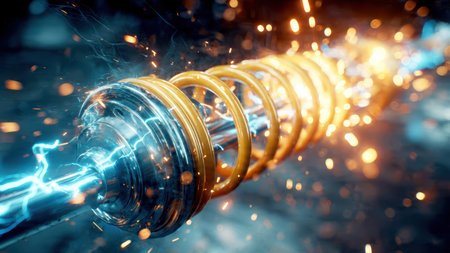 Futuristic car suspension closeup in blue golden glow.の素材