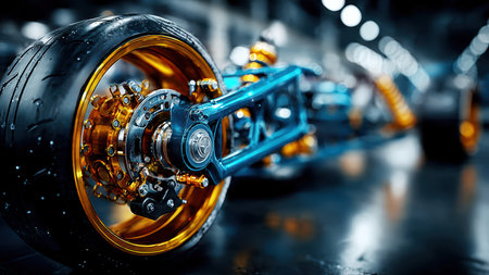 Futuristic car suspension closeup in blue golden glow.の素材