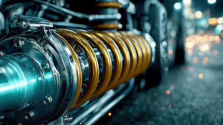 Futuristic car suspension closeup in blue golden glow.の素材