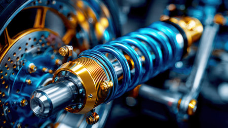 Futuristic car suspension closeup in blue golden glow.の素材