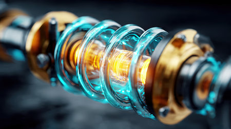 Futuristic car suspension closeup in blue golden glow.の素材