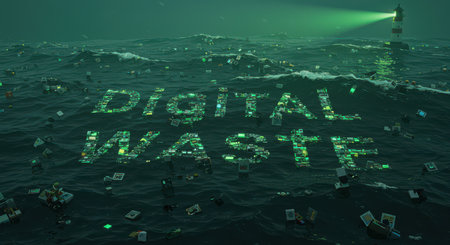 An ocean of digital garbage, overflowing with data fragments and an endless stream of information.の素材
