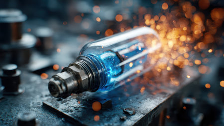 Close-up of high-tech electric motor with blue lighting and motion blur background.の素材