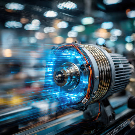 Close-up of high-tech electric motor with blue lighting and motion blur background.の素材