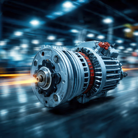 Close-up of high-tech electric motor with blue lighting and motion blur background.の素材