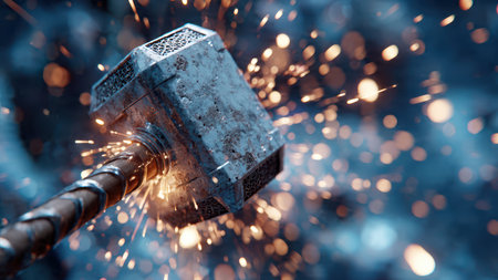 Powerful hammer strike with sparks in dark industrial setting.の素材