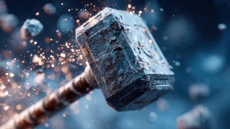 Powerful hammer strike with sparks in dark industrial setting.の素材