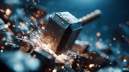 Powerful hammer strike with sparks in dark industrial setting.の素材
