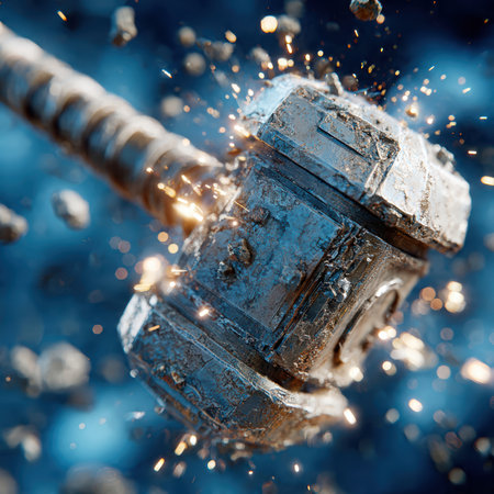 Powerful hammer strike with sparks in dark industrial setting.の素材