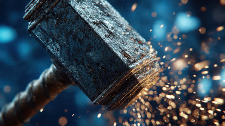 Powerful hammer strike with sparks in dark industrial setting.の素材