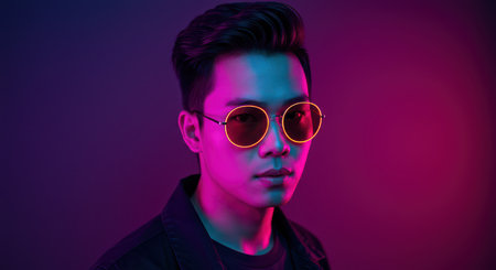 Stylish man in sunglasses on a bright background illuminated by neon light.の素材
