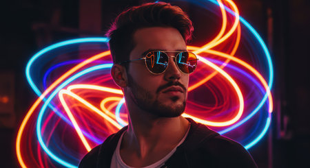 Stylish man in sunglasses on a bright background illuminated by neon light.の素材