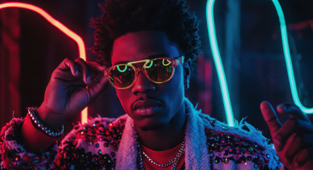 Stylish man in sunglasses on a bright background illuminated by neon light.の素材