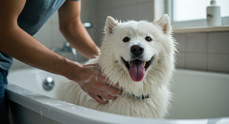 The owner washes his dog in soap foam surrounded by bubbles. Caring for beloved pets.の素材