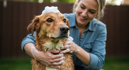 The owner washes his dog in soap foam surrounded by bubbles. Caring for beloved pets.の素材