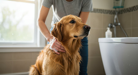 The owner washes his dog in soap foam surrounded by bubbles. Caring for beloved pets.の素材