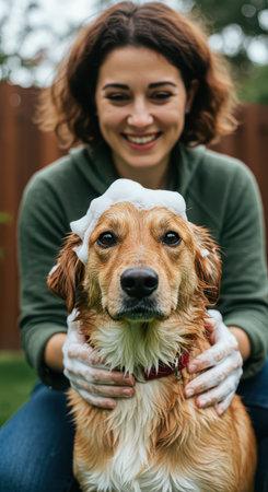 The owner washes his dog in soap foam surrounded by bubbles. Caring for beloved pets.の素材
