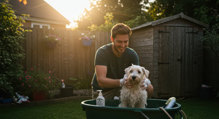 The owner washes his dog in soap foam surrounded by bubbles. Caring for beloved pets.の素材