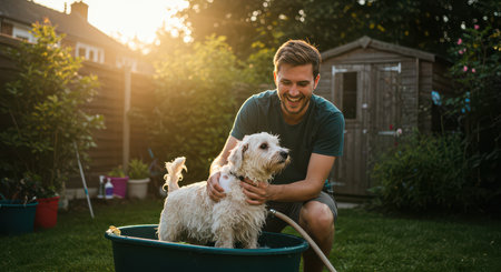 The owner washes his dog in soap foam surrounded by bubbles. Caring for beloved pets.の素材