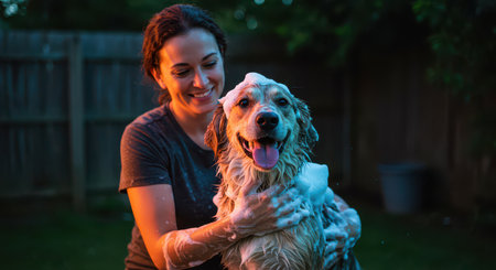 The owner washes his dog in soap foam surrounded by bubbles. Caring for beloved pets.の素材
