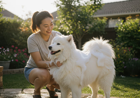 The owner washes his dog in soap foam surrounded by bubbles. Caring for beloved pets.の素材