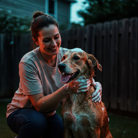The owner washes his dog in soap foam surrounded by bubbles. Caring for beloved pets.の素材