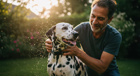 The owner washes his dog in soap foam surrounded by bubbles. Caring for beloved pets.の素材