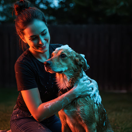 The owner washes his dog in soap foam surrounded by bubbles. Caring for beloved pets.の素材