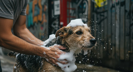 The owner washes his dog in soap foam surrounded by bubbles. Caring for beloved pets.の素材