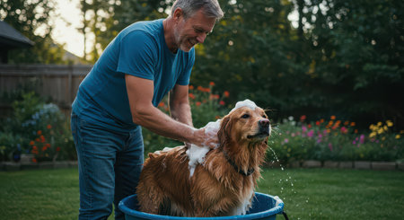 The owner washes his dog in soap foam surrounded by bubbles. Caring for beloved pets.の素材