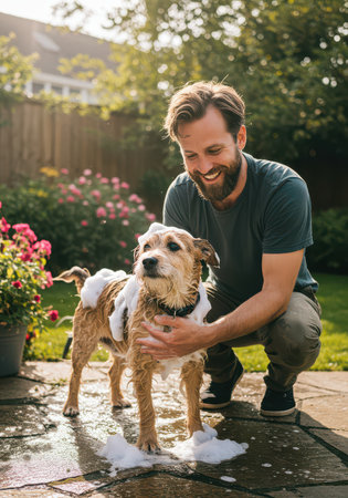 The owner washes his dog in soap foam surrounded by bubbles. Caring for beloved pets.の素材