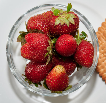 ripe strawberries with cookies on a white dishの写真素材