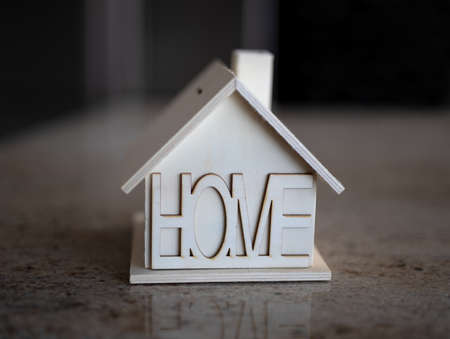 Wooden piggy bank in the form of a house for cash and coinsの写真素材